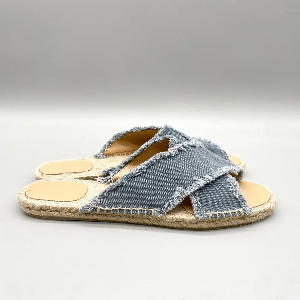 Castaner Womens 41 10 Palmera Espadrille Slide Sandals Blue Canvas Frayed Boho